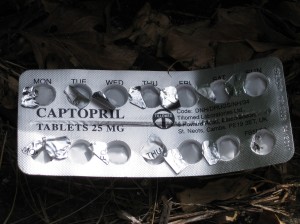 Captopril - ACE inhibitor (Angiotensin Converting Enzyme inhibitor). Used for Hypertension, Heart failure, To help prevent problems after a heart attack, Circulation problems associated with diabetes